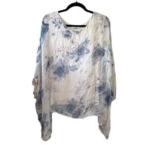 MADE IN ITALY Silk Oversized Floral Print Blouse Blue White L